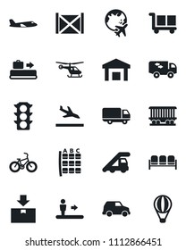 Set of vector isolated black icon - arrival vector, baggage conveyor, escalator, waiting area, ladder car, plane, helicopter, seat map, globe, bike, railroad, traffic light, delivery, container