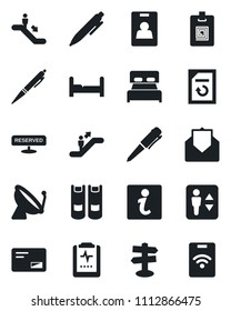 Set of vector isolated black icon - satellite antenna vector, elevator, escalator, book, pen, document reload, pulse clipboard, signpost, mail, identity card, bedroom, reserved, information, pass