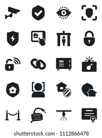 Set of vector isolated black icon - fence vector, security gate, bomb in case, safe, lock, hose, shield, chain, protect, face id, eye, estate insurance, wireless, home control app, surveillance