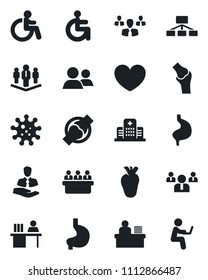 Set of vector isolated black icon - disabled vector, team, meeting, heart, stomach, real, joint, hospital, virus, client, group, manager desk, company, hierarchy, man with notebook