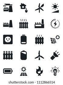 Set of vector isolated black icon - factory vector, fire, low battery, torch, brightness, charge, sun panel, windmill, heater, home control, socket, radiator, idea