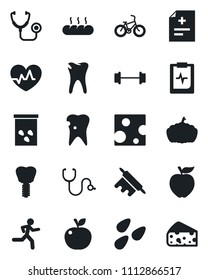 Set of vector isolated black icon - pumpkin vector, seeds, heart pulse, diagnosis, stethoscope, barbell, bike, run, caries, implant, clipboard, bread, rolling pin, apple fruit, cheese