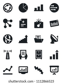 Set of vector isolated black icon - antenna vector, bomb in case, growth statistic, crisis graph, document, diagnosis, barcode, satellite, network, monitor statistics, bar, pie, folder, point