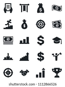 Set of vector isolated black icon - dispatcher vector, growth statistic, dollar sign, graduate, money bag, document, cash, bar graph, target, handshake, career ladder, pennon, pedestal, award cup