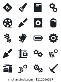 Set of vector isolated black icon - gear vector, factory, trowel, glove, saw, flammable, oil barrel, reel, battery, sun panel, crane, water heater, hard work