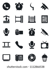 Set of vector isolated black icon - alarm clock vector, phone, abacus, well, sickle, film frame, vinyl, tv, video camera, microphone, call, office, rolling pin, outdoor lamp