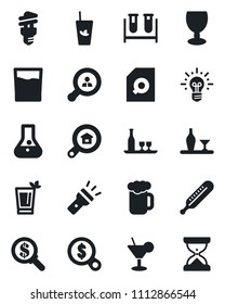Set of vector isolated black icon - blood test vial vector, thermometer, fragile, torch, document search, estate, client, alcohol, drink, cocktail, phyto bar, beer, energy saving bulb, money, idea
