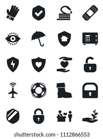 Set of vector isolated black icon - plane radar vector, passport control, umbrella, safe, lock, glove, boot, hose, patch, heart shield, hand, protect, eye id, home, crisis management, palm sproute