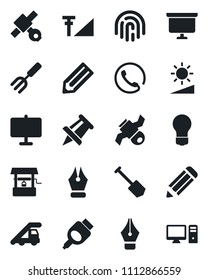 Set of vector isolated black icon - ladder car vector, presentation board, drawing pin, bulb, job, pencil, garden fork, well, satellite, hdmi, brightness, fingerprint id, cellular signal, ink pen