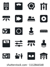 Set of vector isolated black icon - baggage conveyor vector, passport control, security gate, stamp, scales, fast forward, rec button, tuning, record, air conditioner, remote, garage