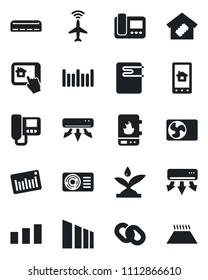 Set of vector isolated black icon - plane radar vector, sorting, barcode, chain, air conditioner, smart home, irrigation, water heater, intercome, control app, warm floor