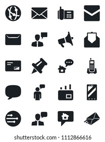 Set of vector isolated black icon - mobile phone vector, speaking man, mail, office, loudspeaker, network, speaker, paper pin, message, home