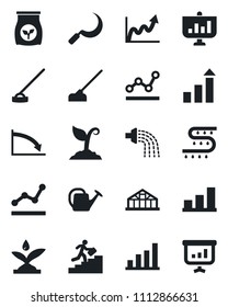 Set of vector isolated black icon - growth statistic vector, watering can, sproute, hoe, sickle, greenhouse, fertilizer, drip irrigation, bar graph, point, career ladder, crisis, presentation