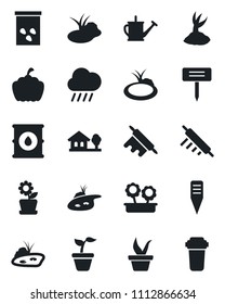 Set of vector isolated black icon - seedling vector, watering can, sproute, rain, plant label, pumpkin, seeds, pond, oil barrel, house with tree, flower in pot, rolling pin, water filter