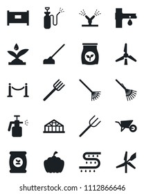 Set of vector isolated black icon - fence vector, farm fork, rake, wheelbarrow, hoe, pumpkin, greenhouse, garden sprayer, fertilizer, drip irrigation, windmill