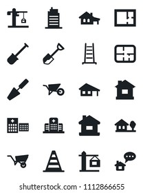 Set of vector isolated black icon - border cone vector, trowel, shovel, ladder, wheelbarrow, house, hospital, with garage, tree, plan, city, crane, home message