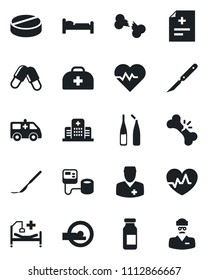 Set of vector isolated black icon - bed vector, heart pulse, doctor case, diagnosis, blood pressure, pills, ampoule, scalpel, tomography, ambulance car, hospital, broken bone