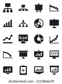 Set of vector isolated black icon - presentation board vector, statistic monitor, circle chart, pulse, clipboard, statistics, bar graph, point, hierarchy, growth, crisis