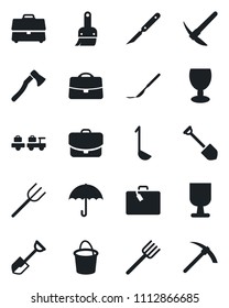 Set of vector isolated black icon - suitcase vector, baggage larry, job, shovel, farm fork, bucket, axe, scalpel, fragile, umbrella, themes, case, ladle, hard work