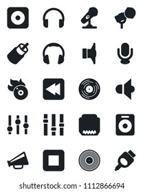 Set of vector isolated black icon - vinyl vector, flame disk, microphone, speaker, loudspeaker, settings, headphones, stop button, rewind, rec, rca, hdmi