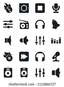 Set of vector isolated black icon - flame disk vector, microphone, radio, speaker, settings, equalizer, headphones, stop button, fast forward, tuning, bell, record, sound