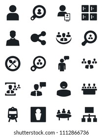 Set of vector isolated black icon - spoon and fork vector, train, male, checkroom, speaking man, meeting, patient, user, company, hr, client search, consumer, group, social media, hierarchy