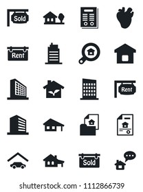 Set of vector isolated black icon - office building vector, real heart, contract, house with garage, tree, estate document, rent, sold signboard, search, smart home, city, eco, message