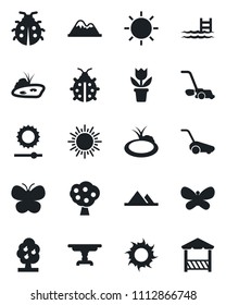 Set of vector isolated black icon - sun vector, flower in pot, lawn mower, butterfly, lady bug, pond, brightness, pool, fruit tree, mountains, table, alcove