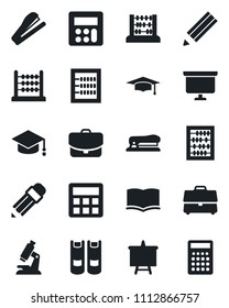 Set of vector isolated black icon - book vector, graduate, abacus, presentation board, microscope, calculator, case, pencil, stapler