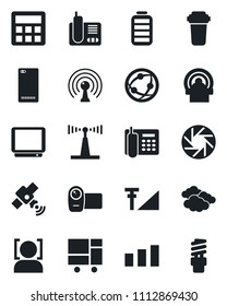 Set of vector isolated black icon - clouds vector, tomography, consolidated cargo, sorting, antenna, satellite, tv, video camera, network, radio phone, battery, back, mobile, calculator, face id