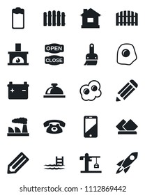 Set of vector isolated black icon - reception bell vector, factory, pencil, fence, house, cell phone, battery, themes, pool, fireplace, crane, open close, omelette, serviette, rocket