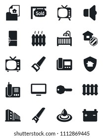 Set of vector isolated black icon - tv vector, saw, monitor, radio phone, estate document, sold signboard, office building, key, children room, heater, fridge, insurance, intercome, water, radiator