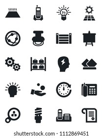Set of vector isolated black icon - luggage storage vector, presentation board, brainstorm, office phone, container, network, stamp, serviette, warm floor, energy saving bulb, sun panel, gear, clock