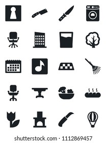 Set of vector isolated black icon - taxi vector, female, washer, office chair, rake, tree, garden knife, fireplace, tulip, music, calendar, table, city house, drink, salad, bread, air balloon