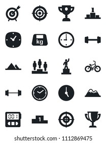 Set of vector isolated black icon - pedestal vector, barbell, bike, heavy, clock, stopwatch, target, mountains, award cup