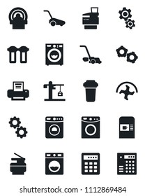 Set of vector isolated black icon - coffee machine vector, washer, gear, ripper, lawn mower, tomography, printer, copier, crane, water filter, combination lock