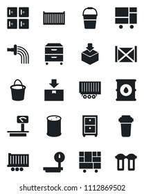 Set of vector isolated black icon - checkroom vector, bucket, watering, truck trailer, cargo container, consolidated, package, oil barrel, heavy scales, archive box, water filter