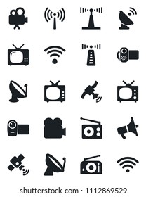 Set of vector isolated black icon - antenna vector, satellite, radio, loudspeaker, tv, video camera, wireless