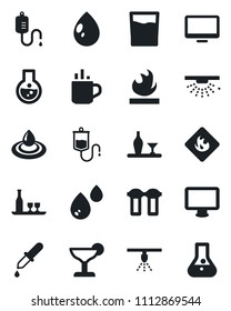 Set of vector isolated black icon - hot cup vector, water drop, dropper, flammable, monitor, alcohol, drink, cocktail, filter, sprinkler, flask