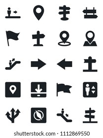 Set of vector isolated black icon - elevator vector, escalator, signpost, right arrow, left, route, pin, download, place tag, compass, flag, guidepost