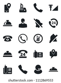 Set of vector isolated black icon - no mobile vector, reception bell, office phone, 24 hours, support, tracking, radio, call, mute, cellular signal