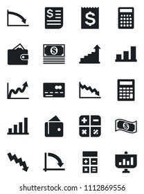 Set of vector isolated black icon - credit card vector, growth statistic, calculator, crisis graph, receipt, bar, wallet, cash, presentation