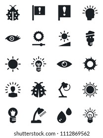 Set of vector isolated black icon - sun vector, bulb, lady bug, eye, important flag, brightness, desk lamp, water, energy saving, shining head, idea
