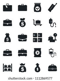 Set of vector isolated black icon - suitcase vector, baggage trolley, luggage storage, scales, checkroom, case, money bag, fertilizer, dropper