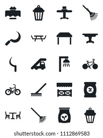 Set of vector isolated black icon - cafe vector, ladder car, rake, sickle, garden light, picnic table, fertilizer, bike, restaurant, alcove, outdoor lamp