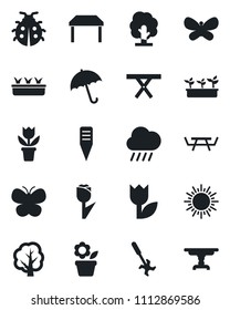 Set of vector isolated black icon - umbrella vector, sun, flower in pot, tree, butterfly, lady bug, seedling, rain, plant label, picnic table, ripper, tulip
