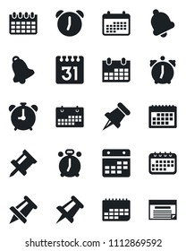 Set of vector isolated black icon - alarm clock vector, drawing pin, calendar, term, paper, bell, schedule