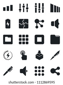 Set of vector isolated black icon - package vector, sorting, settings, touch screen, stop button, menu, folder, charge, application, pen, sound, social media