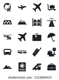 Set of vector isolated black icon - plane vector, runway, taxi, suitcase, baggage trolley, airport bus, umbrella, passport, ladder car, helicopter, luggage storage, scales, globe, mountains, case