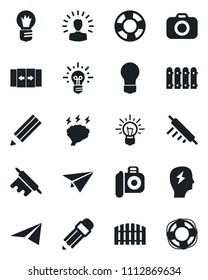 Set of vector isolated black icon - automatic door vector, brainstorm, bulb, camera, pencil, fence, rolling pin, shining head, idea, paper plane, crisis management